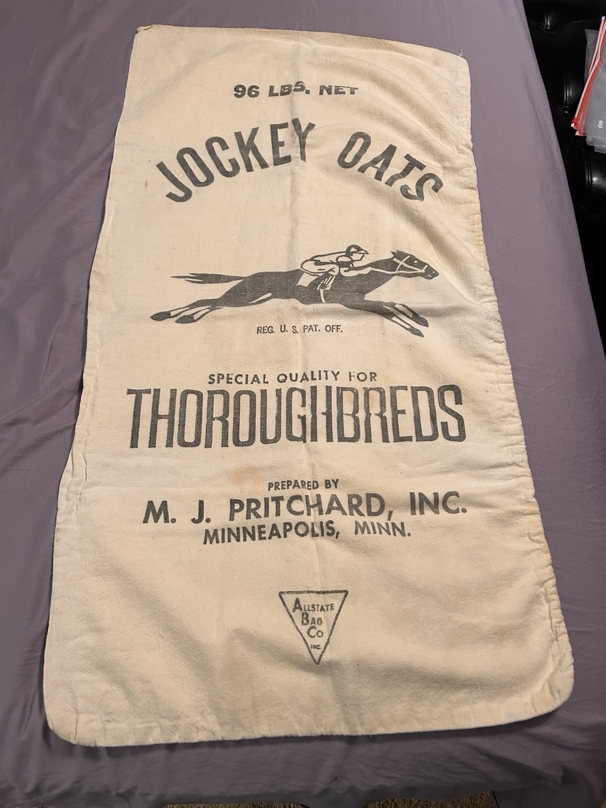 M. J. Pritchard, Inc. Jockey Oats 96 lb Feed Sack Printed Cloth Advertising