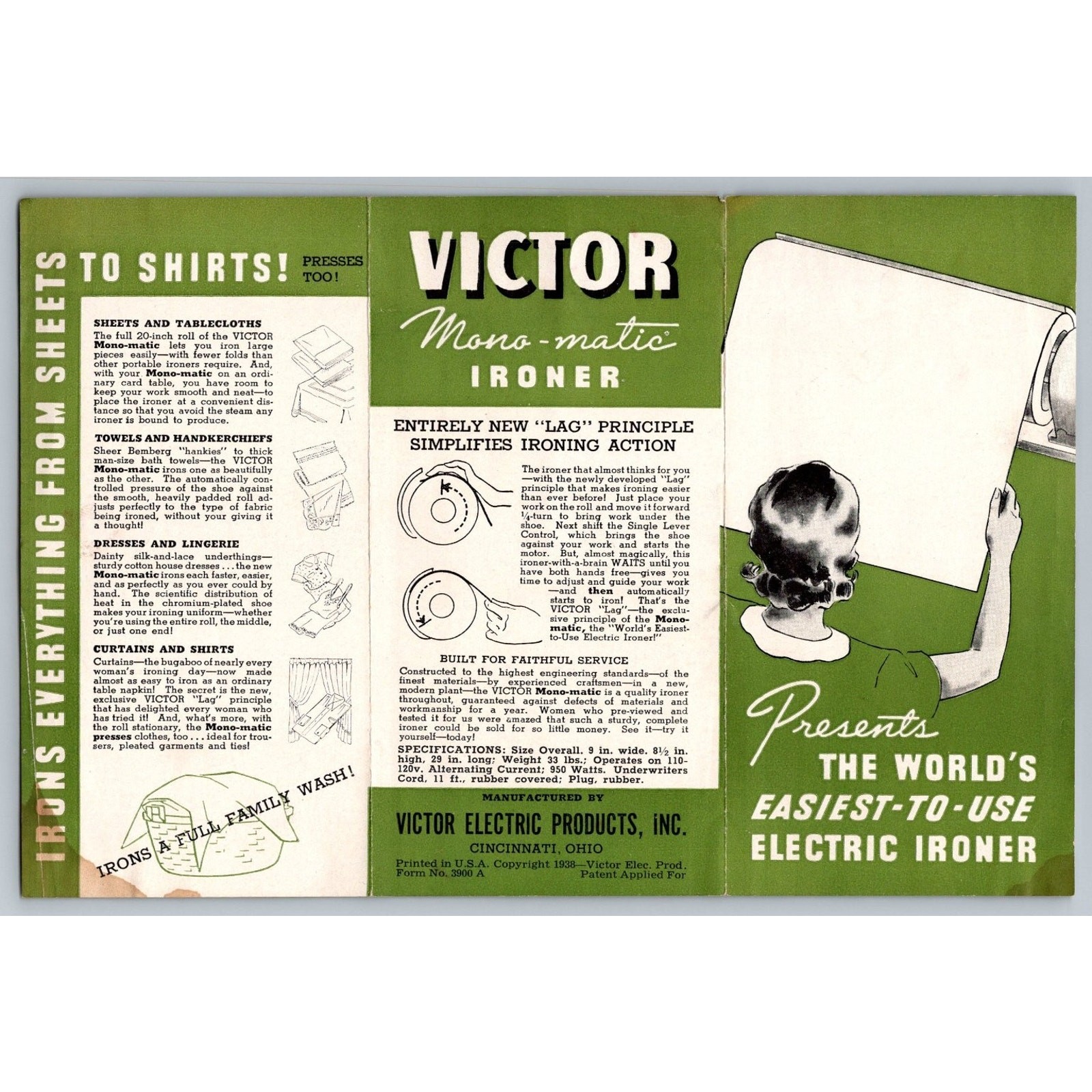 1939 VICTOR Mono-matic IRONER Brochure Vintage Electric Appliance Ad
