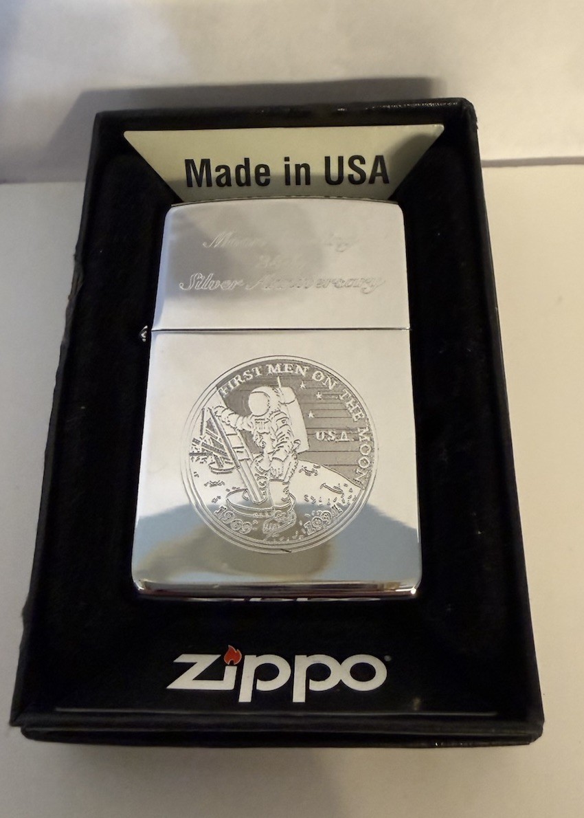 Zippo Lighter 1969-1994 Moon Landing 25th Silver Anniversary Man On The Moon NIB