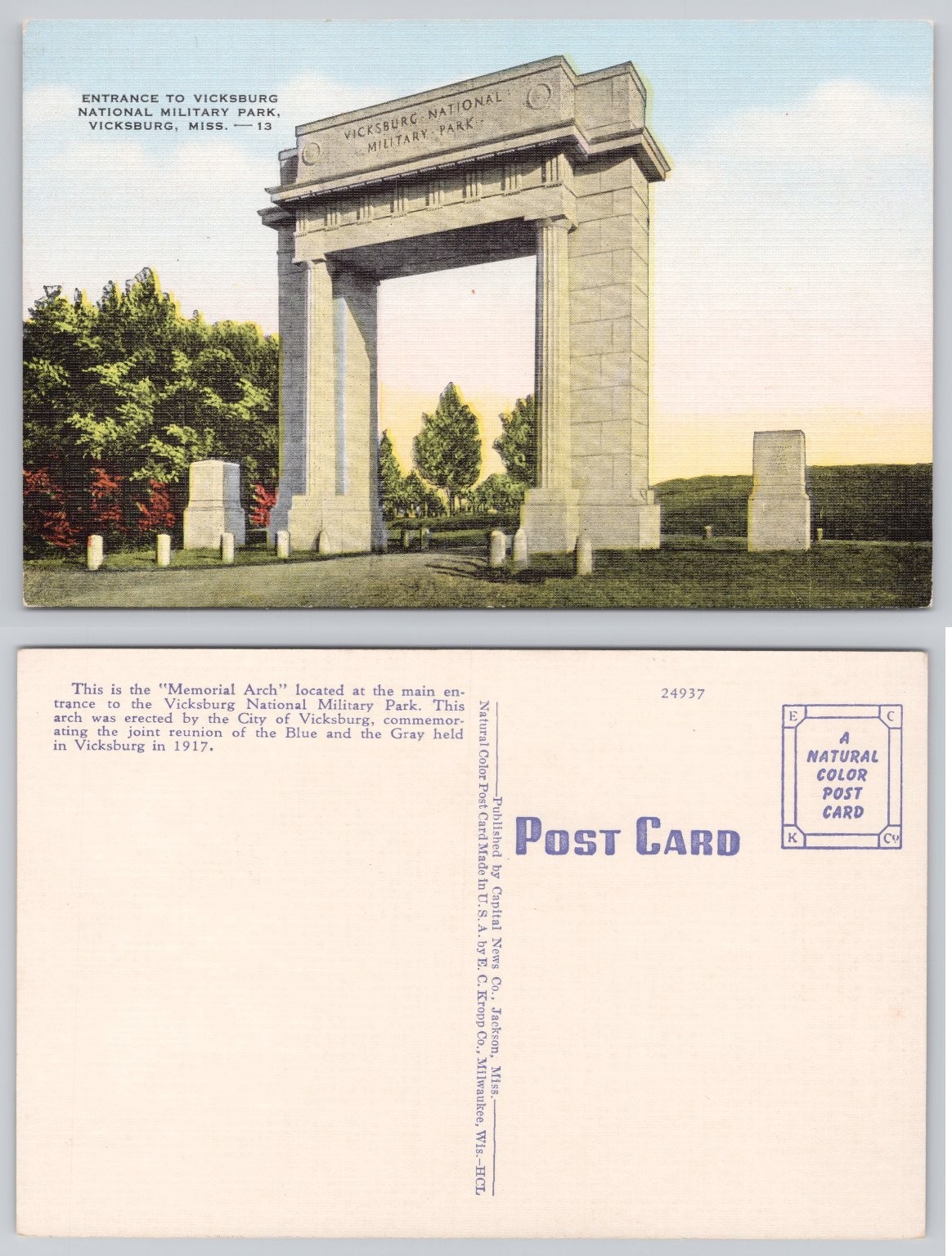 Vicksburg MS Memorial Arch National Military Park Linen Postcard 1930s
