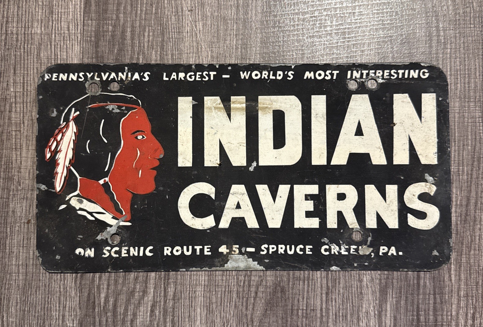 Vintage 1950’s Indian Caverns License Plate Spruce Creek Pennsylvania