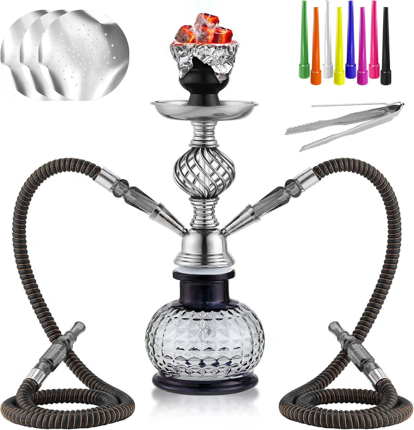 12\'\' Hookah Set 2 Hose Hookah Set With Everything - Modern Shisha Hookah Glass V