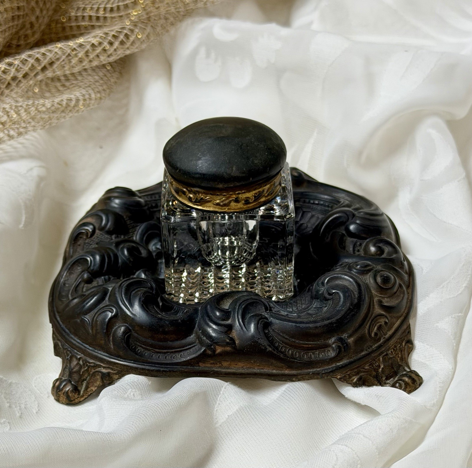 Antique Art Nouveau Cast Metal Inkwell Stand Victorian Cut Glass Desk Inkstand