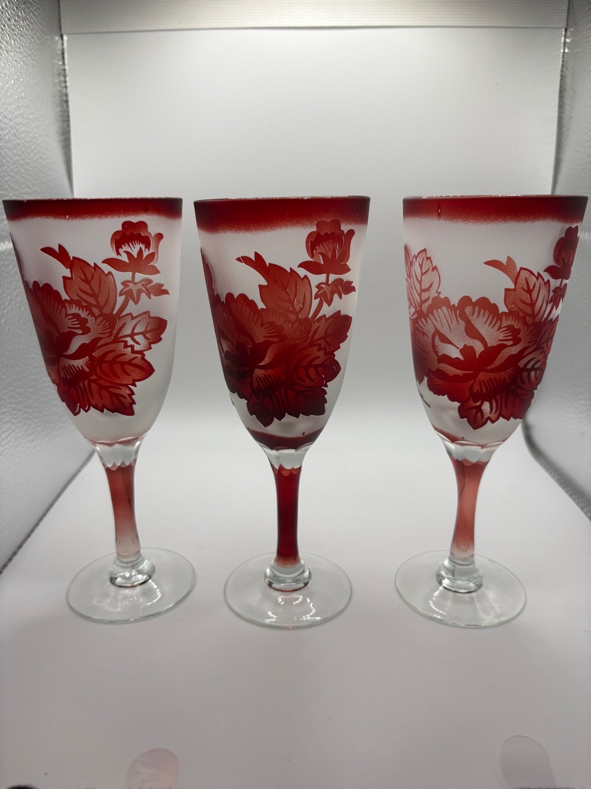 Vintage Frosted Cameo Glass Wine Goblets Set of 3 Ruby Red Floral Etched 6.5\