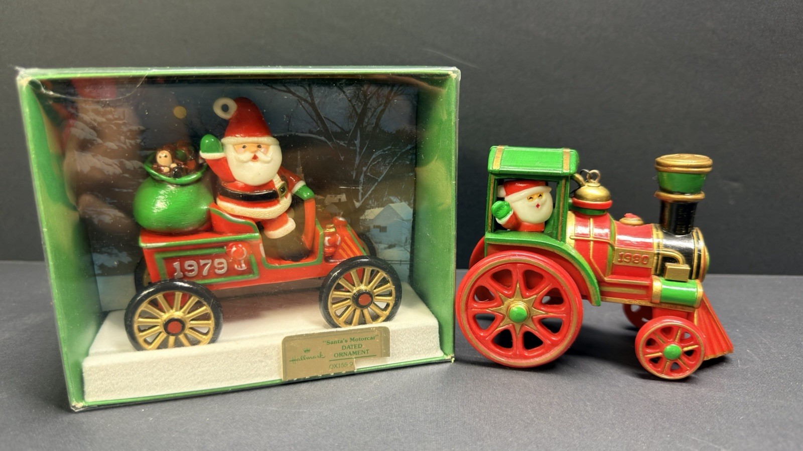 Vintage Hallmark Here Comes Santa #1 #2 Ornaments 1979 and 1980 Santa’s