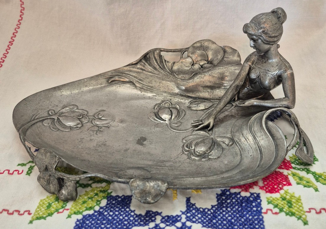 Art Nouveau Pewter Card Tray with a Mermaid at a Lily Pond