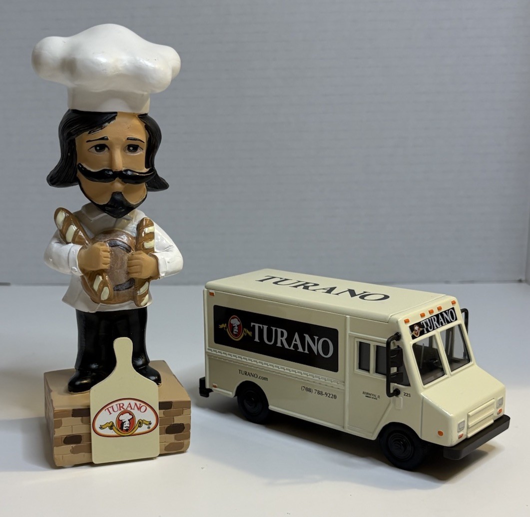 Turano Bakery Promo Bundle - Mini Truck and Chef Figurine. Vintage Collectibles