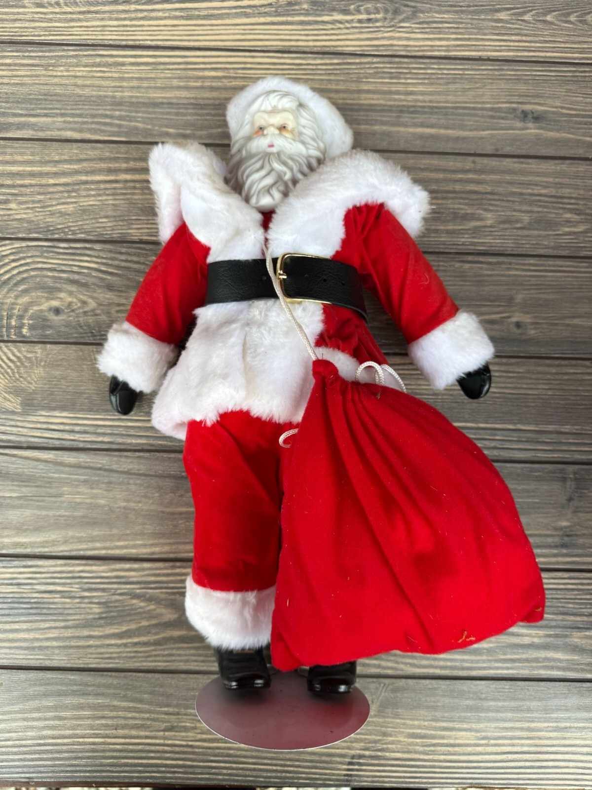 Vintage Santa Claus Figurine In Red Velvet Suit With Sack & Faux Fur Trim