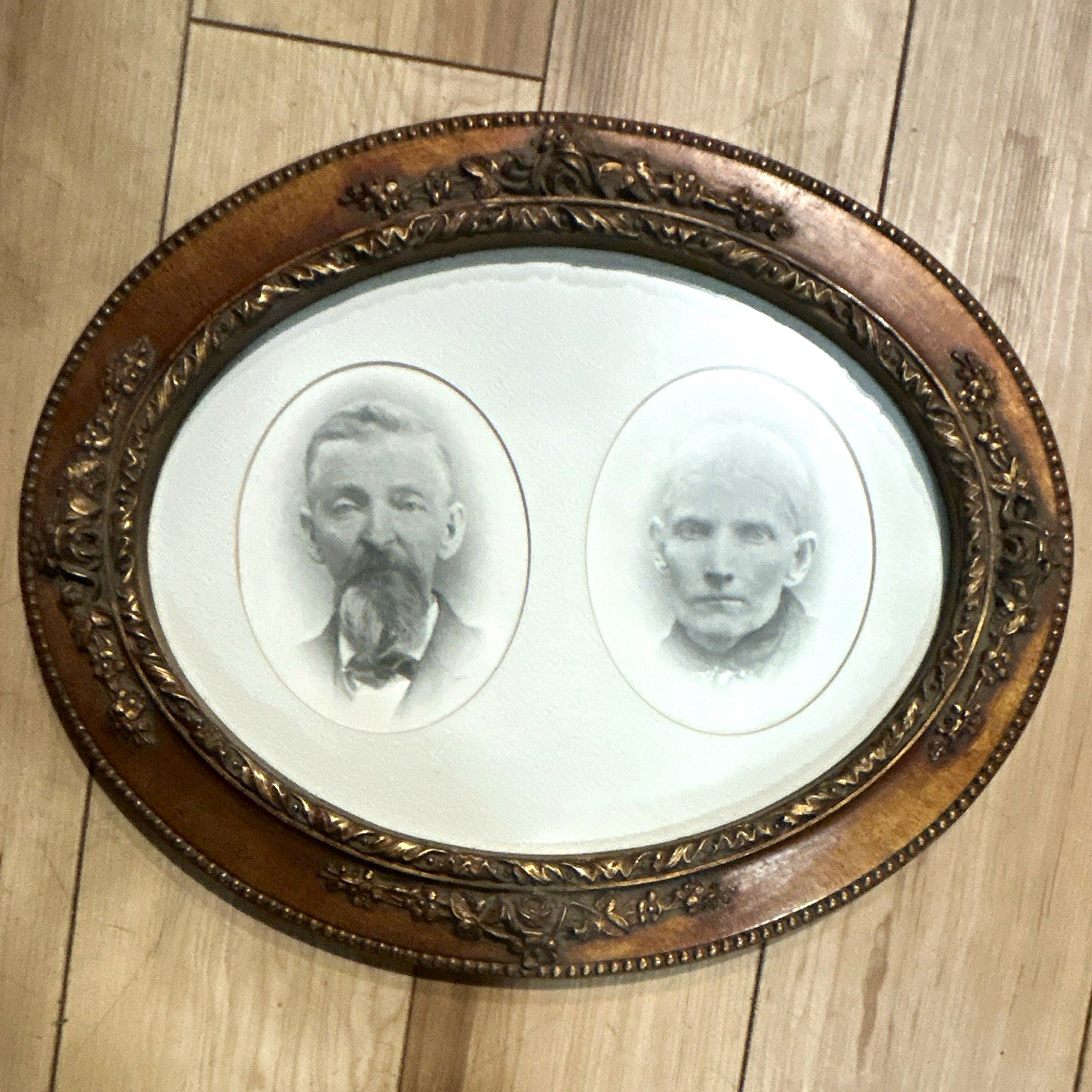 Antique Victorian Double Oval Picture Frame &Charcoal Portraits Man Woman 19th C