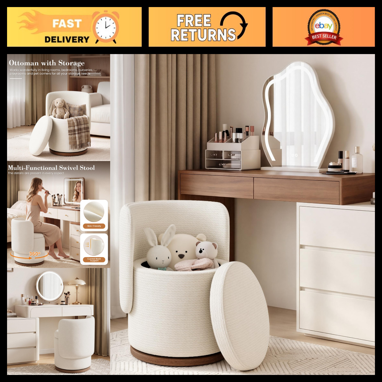 Ottoman with Storage, Round Vanity Stool with Back