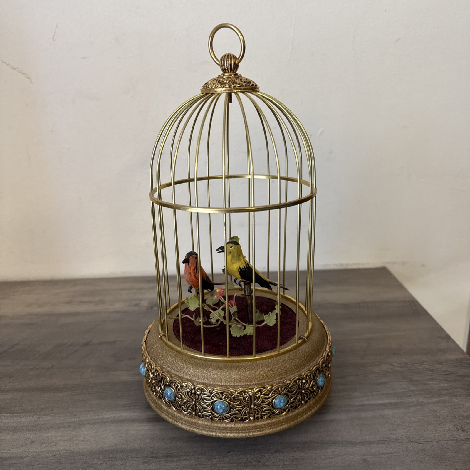 Not Working Vintage~West Germany~(2) Birds Gold Cage Wind Up Automaton Music Box