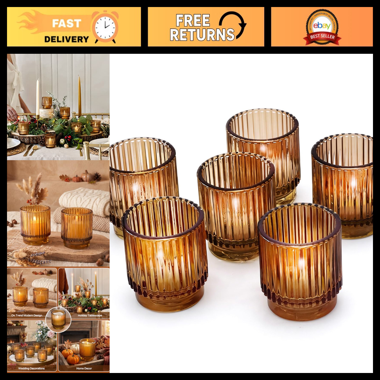 Vintage Glass Tealight & Amber Votive Candle Holders Set of 6 - Rustic Boho Deco