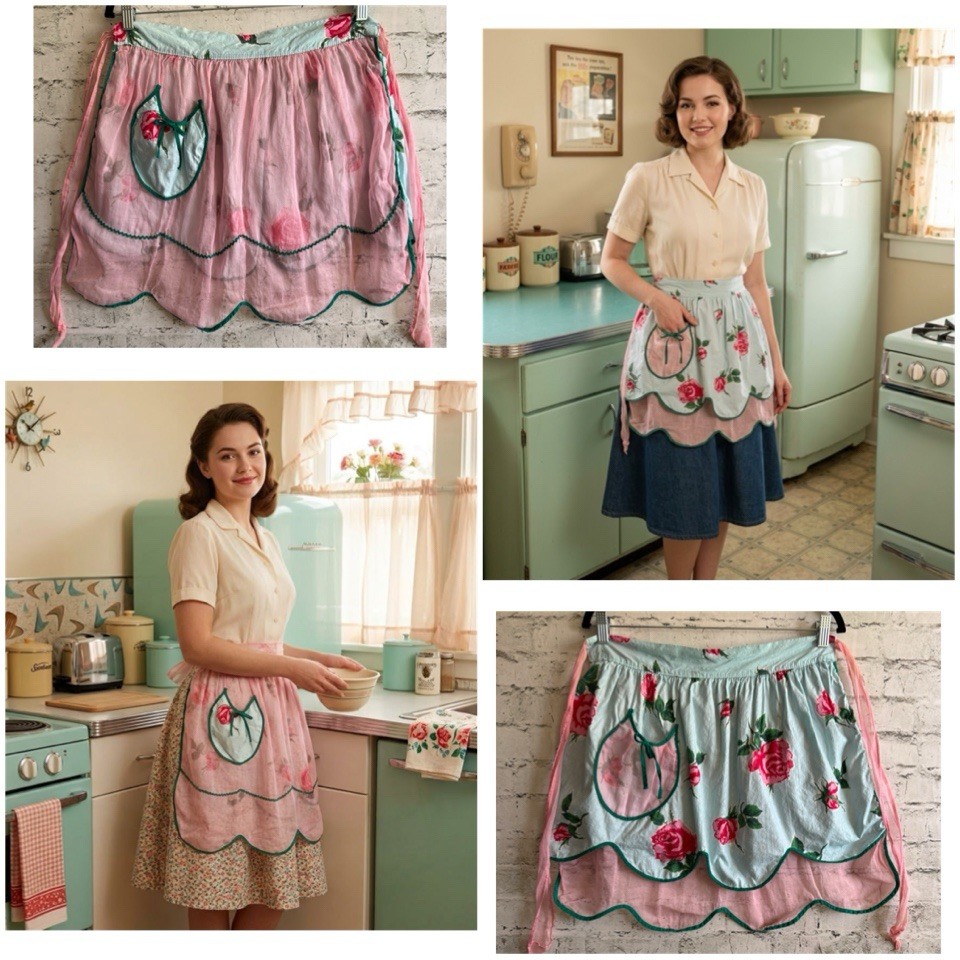 Vintage 1950s 60s Floral Print Pink Chiffon Reversible Retro Half Apron