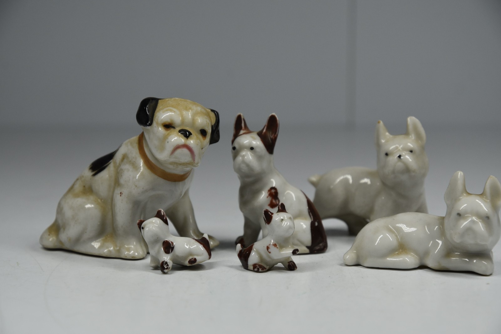 6 Vintage Miniature Bulldog Puppy Figurine Statues Dollhouse Fairy Garden