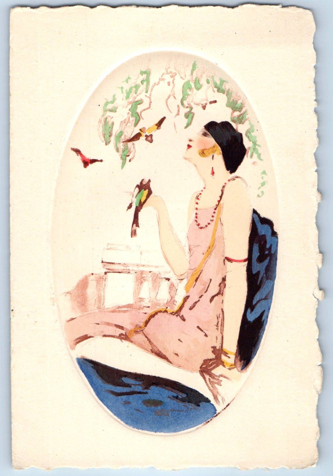 c1930's Woman And Birds Art France Embossed Antique Unposted Postcard