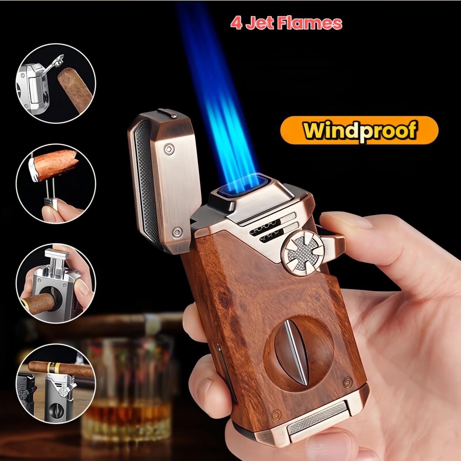 5-in-1 Butane Torch Lighter, Windproof 4 Jet Blue Flames, Adjustable and Refilla