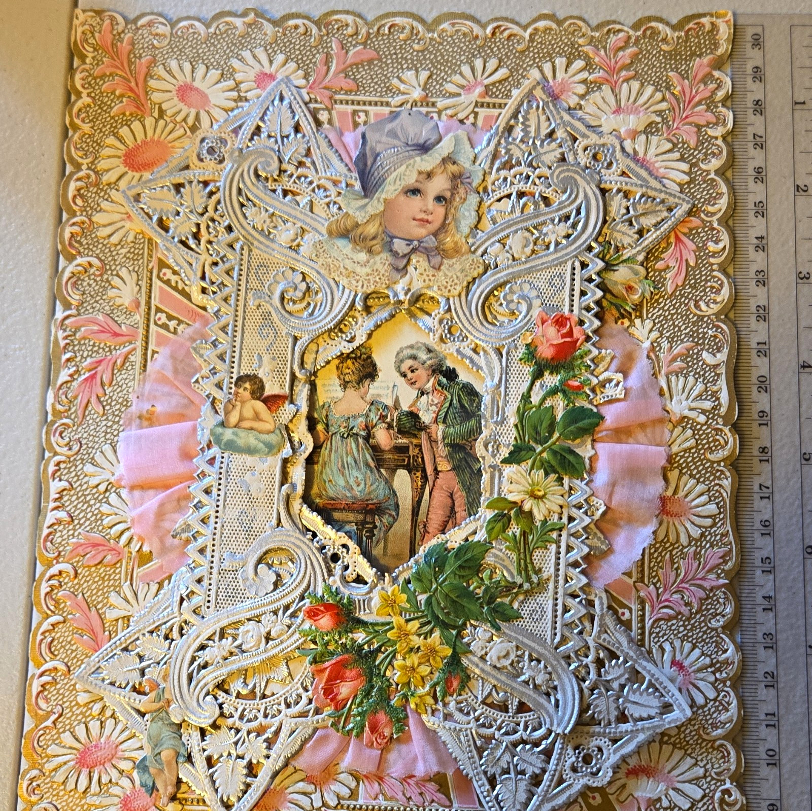 Large Antique Victorian Paper Lace Valentine Silver Gold Ribbon 10 x 9.5 Approx