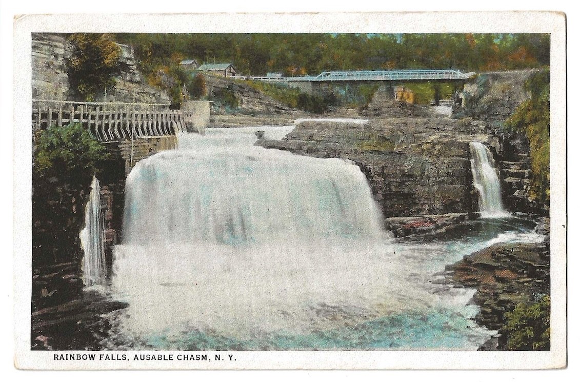 Ausable Chasm New York c1920\'s Rainbow Falls, waterfall, bridge