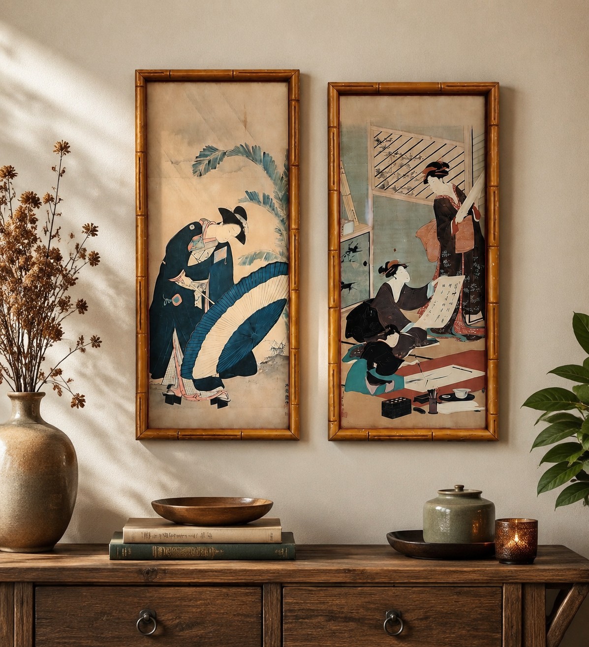 VNT 70s Japanese Ukiyo-e Print Pair  Bamboo Frame Koryusai Toyohiro Oriental Dec