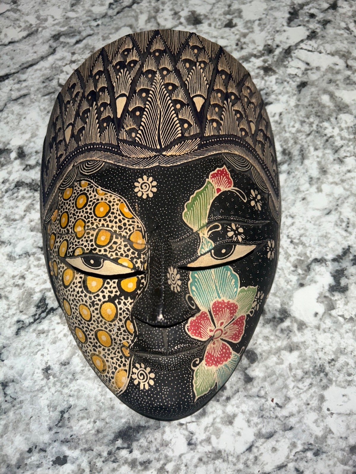 Hand Carved Wooden Wall Mask Hand Painted Folk Art Asian Style Vintage