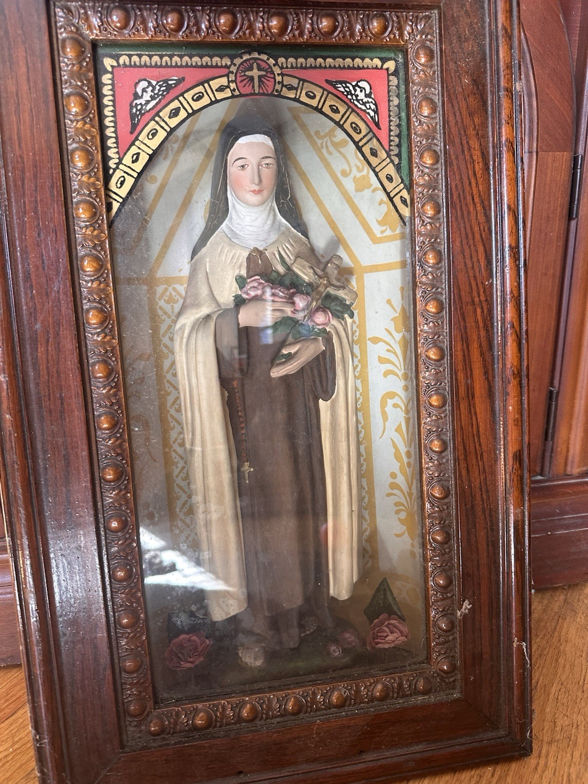 Vintage Saint Thérèse of Lisieux Religious Statue Shadow Box Wood Frame