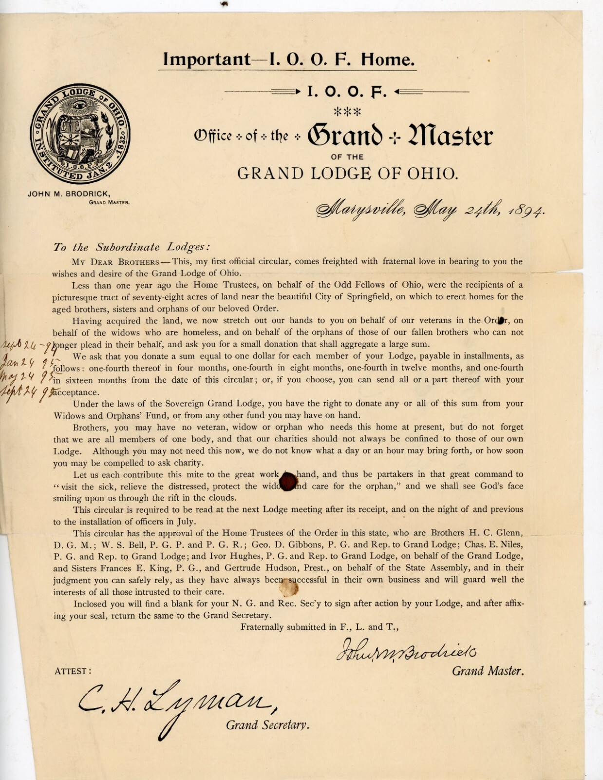 1894 IOOF Grand Lodge of Ohio Circular Appeal for Orphans & Widows Fund