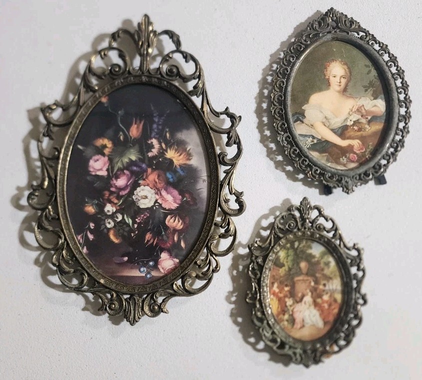 Ornate Rococo Style Antique Brass Frame With Floral Still Life Italy Made 5- 10”