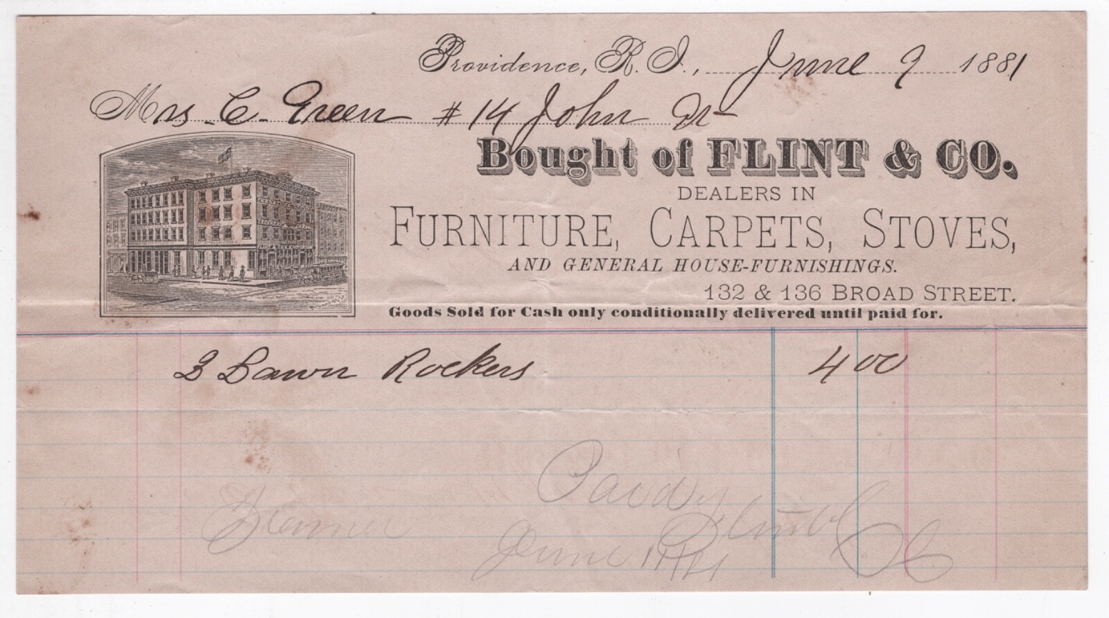 1881 FLINT CO BILLHEAD FURNITURE CARPETS STOVES HOUSE WARE PROVIDENCE RI