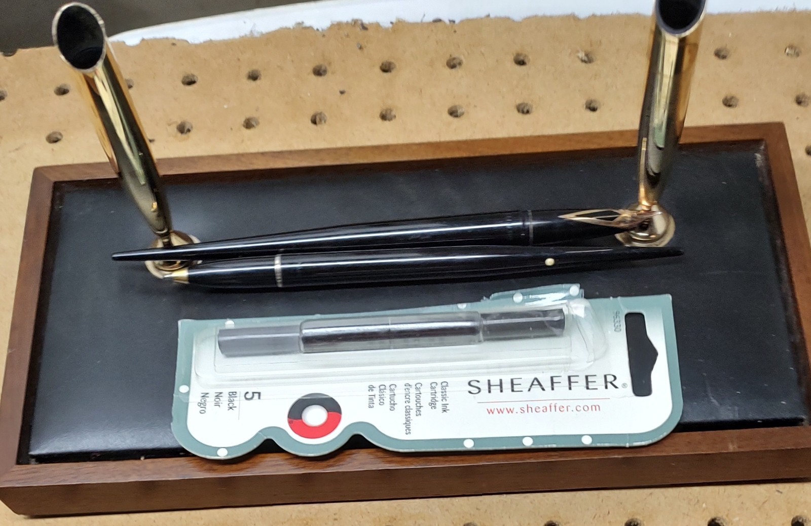 Vintage Sheaffer Desk Set Wood Leather White Dot  Pen 14k nib & Ballpoint Pen 