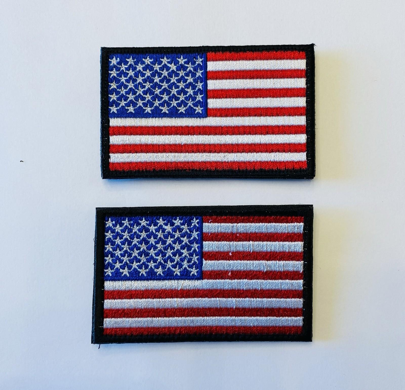 2 PC - USA AMERICA FLAG RED WHITE AND BLUE BLACK BORDER HOOK & LOOP PATCHES