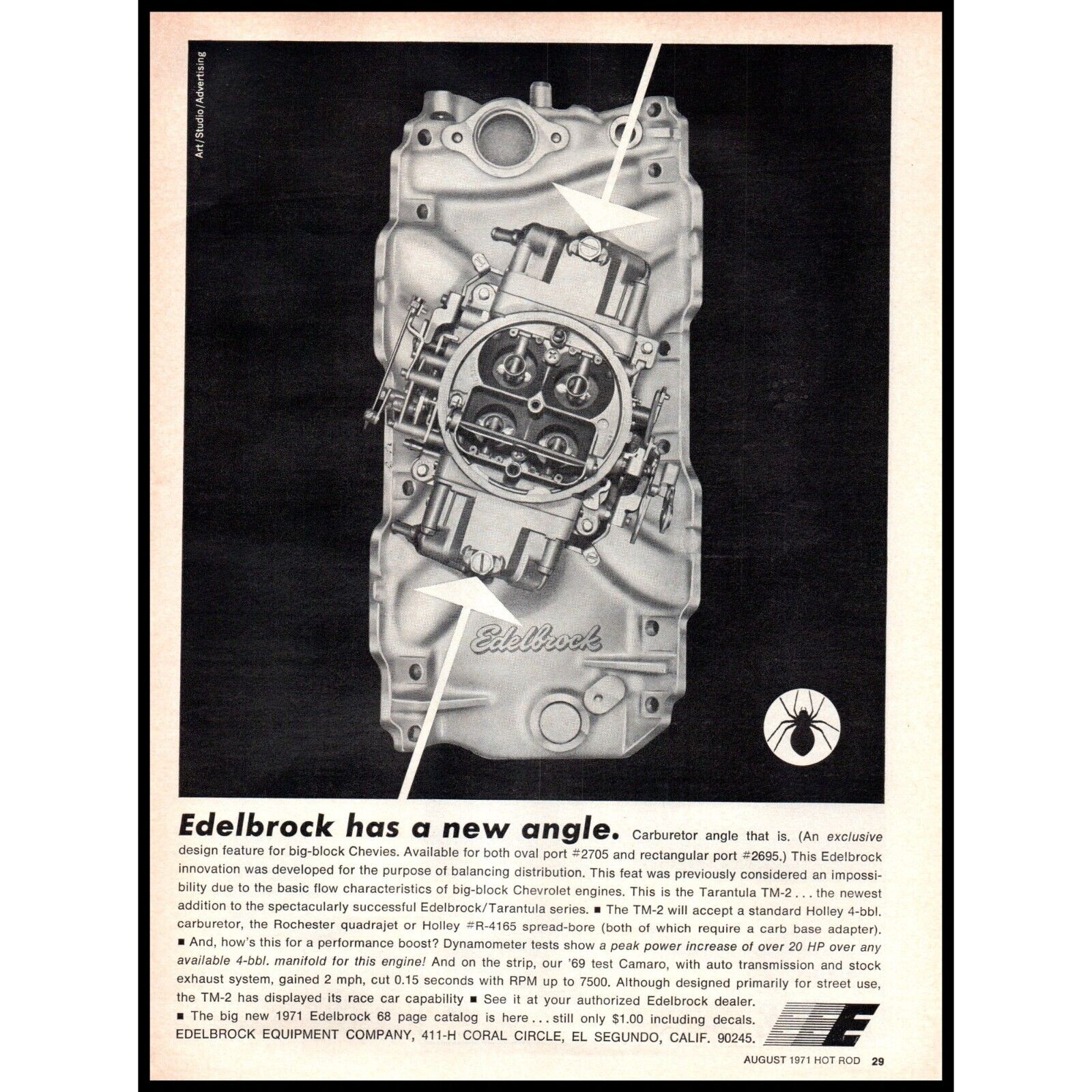 1971 Edelbrock Carburetor Vintage Print Ad Performance Car Parts Man Cave Art