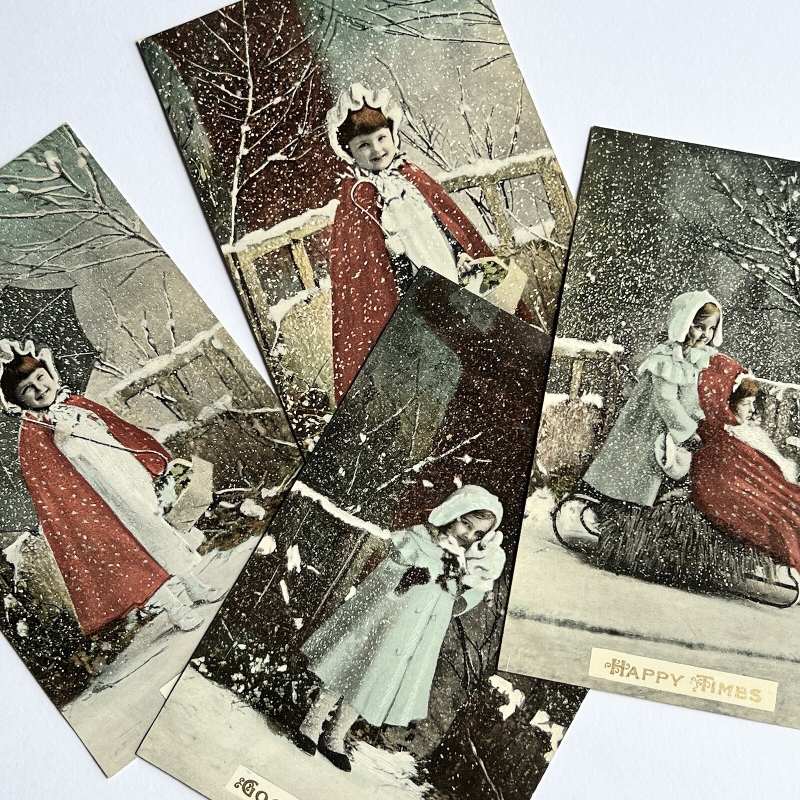 Antique Beautiful Christmas Postcard Lot Of 4 Adorable Children Playing In Snow