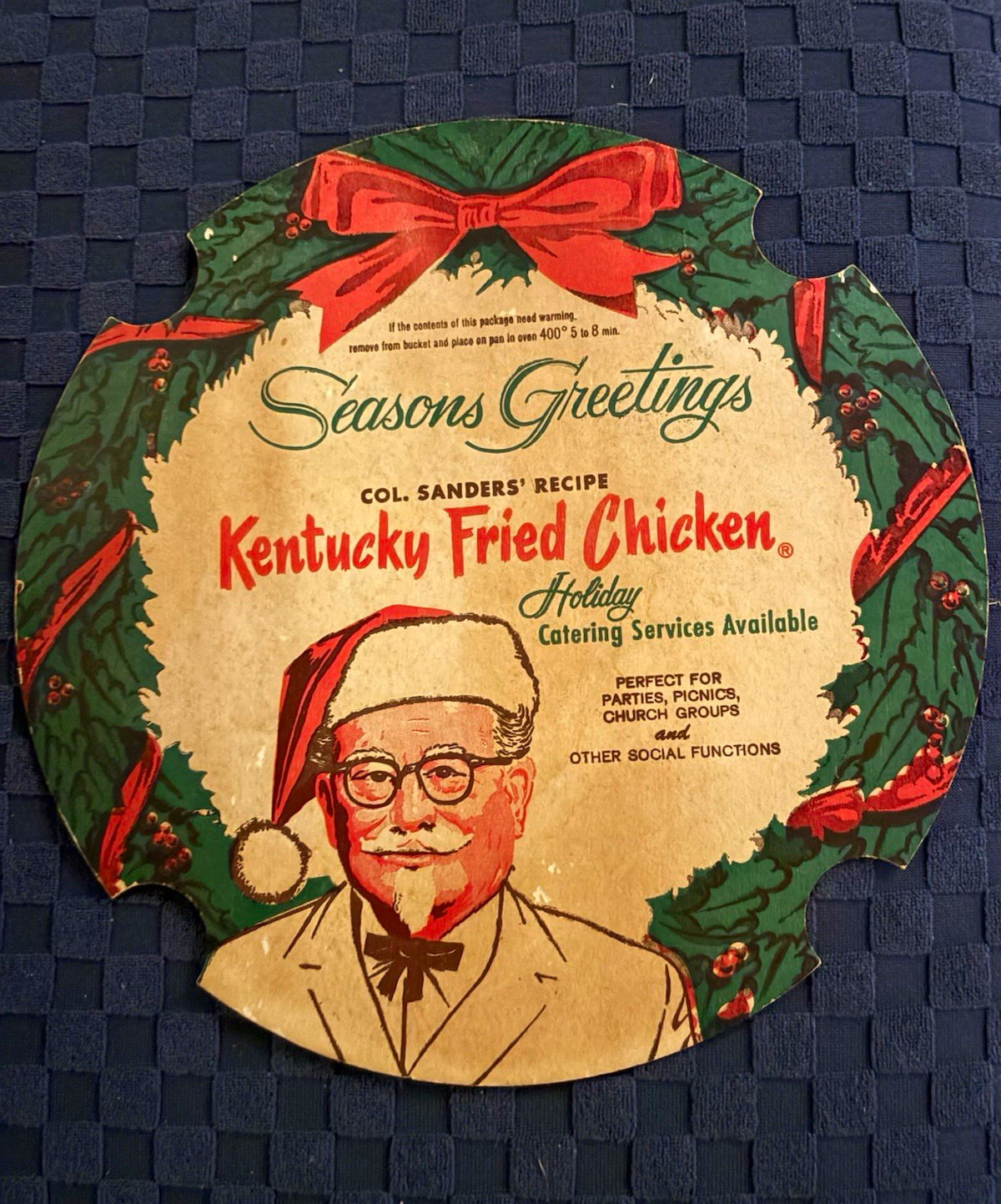 Vintage KFC Kentucky Fried Chicken Christmas Bucket Lid Colonel Sanders