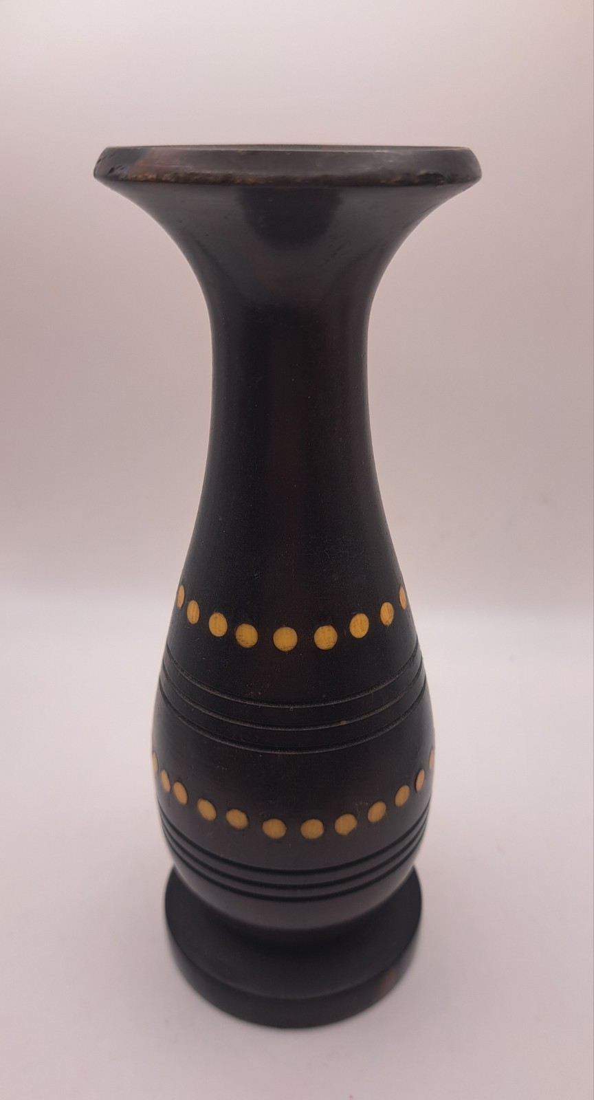 Vintage Carved Solid Dark Wood Vase Inlayed Circles 7\
