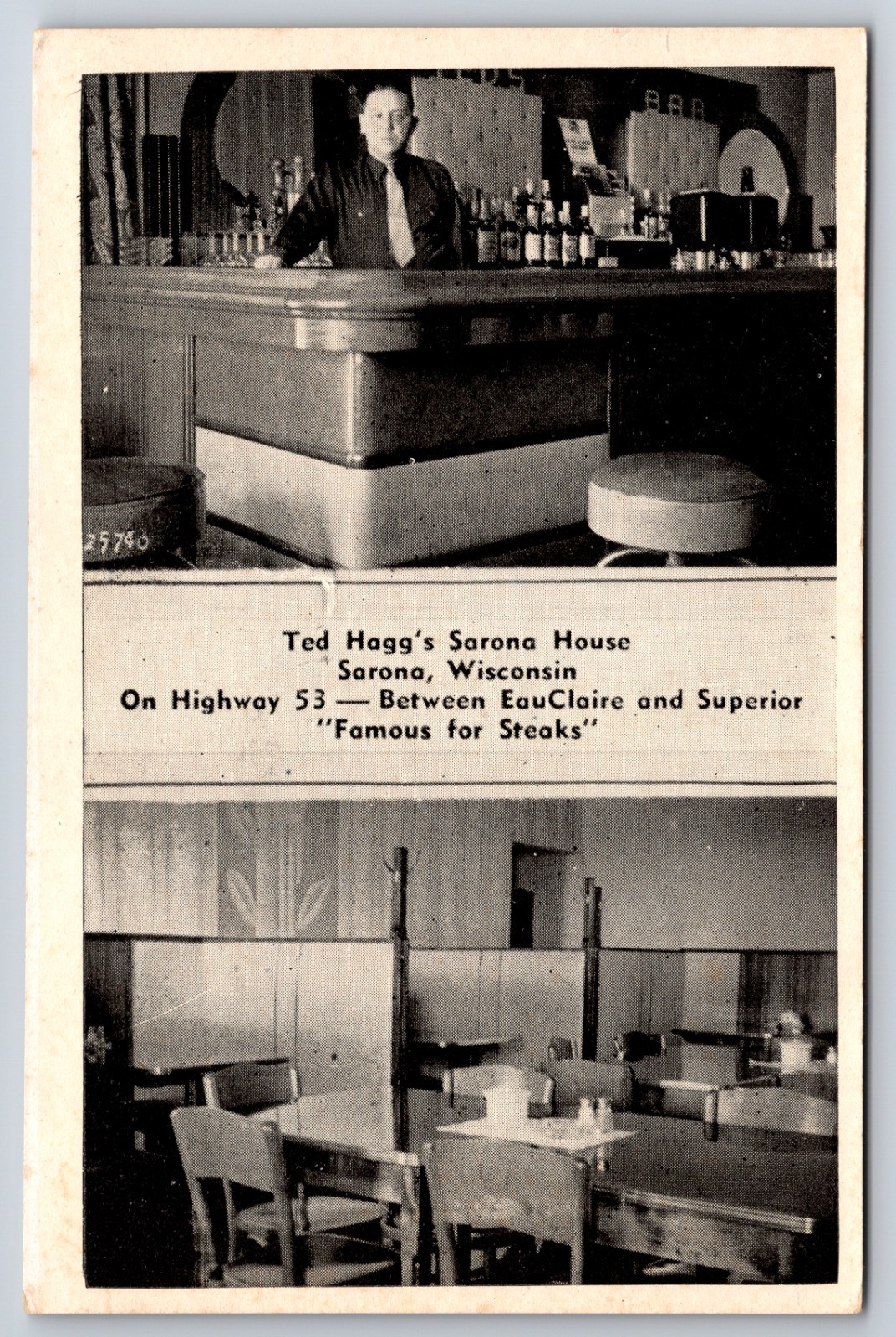 Ted Hagg\'s Steak House Restaurant Sarona Wisconsin Interior Bar c1940 Postcard