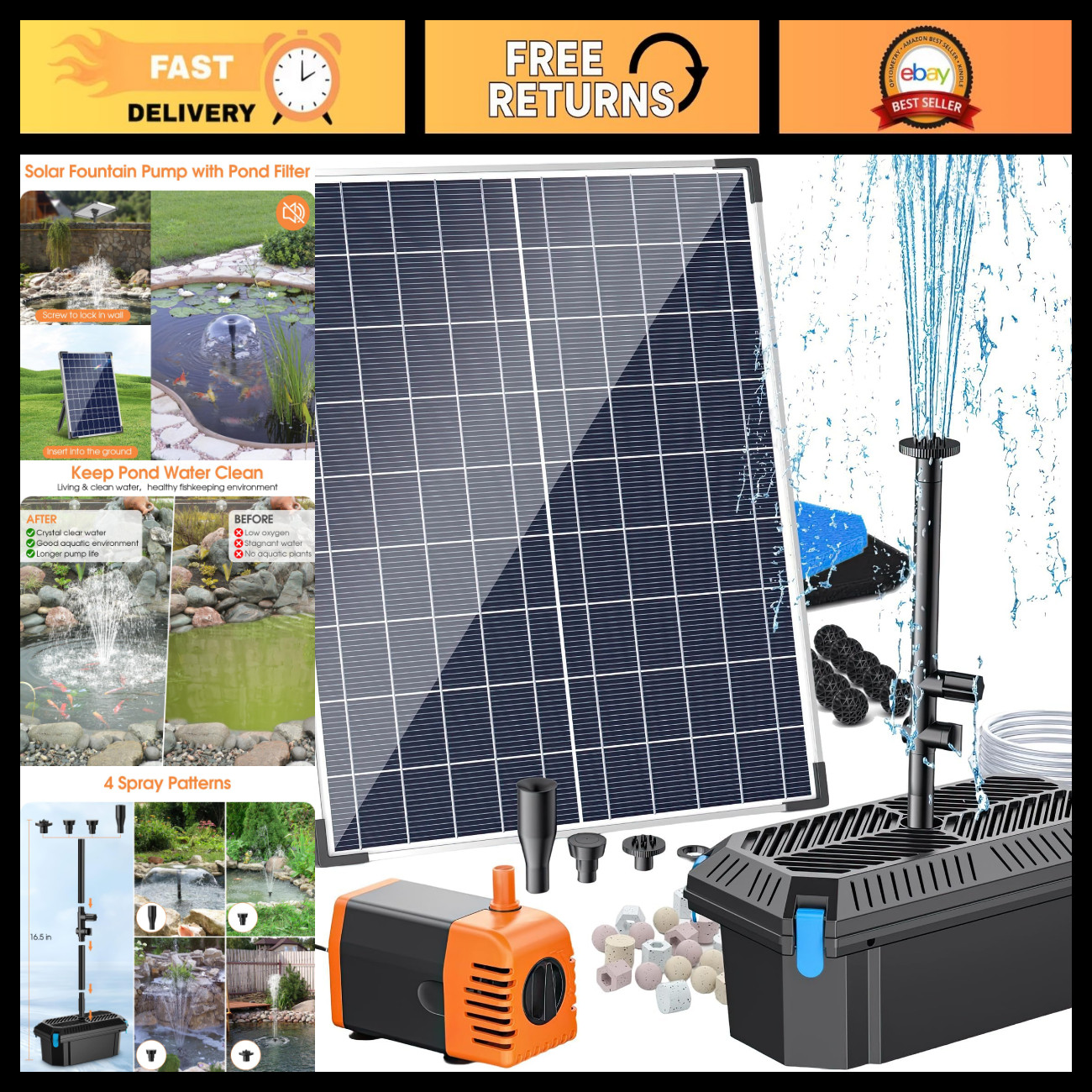 Antfraer 30W Solar Pond Filter with Water Pump Kit, Solar Pond Pump with 6.6FT P