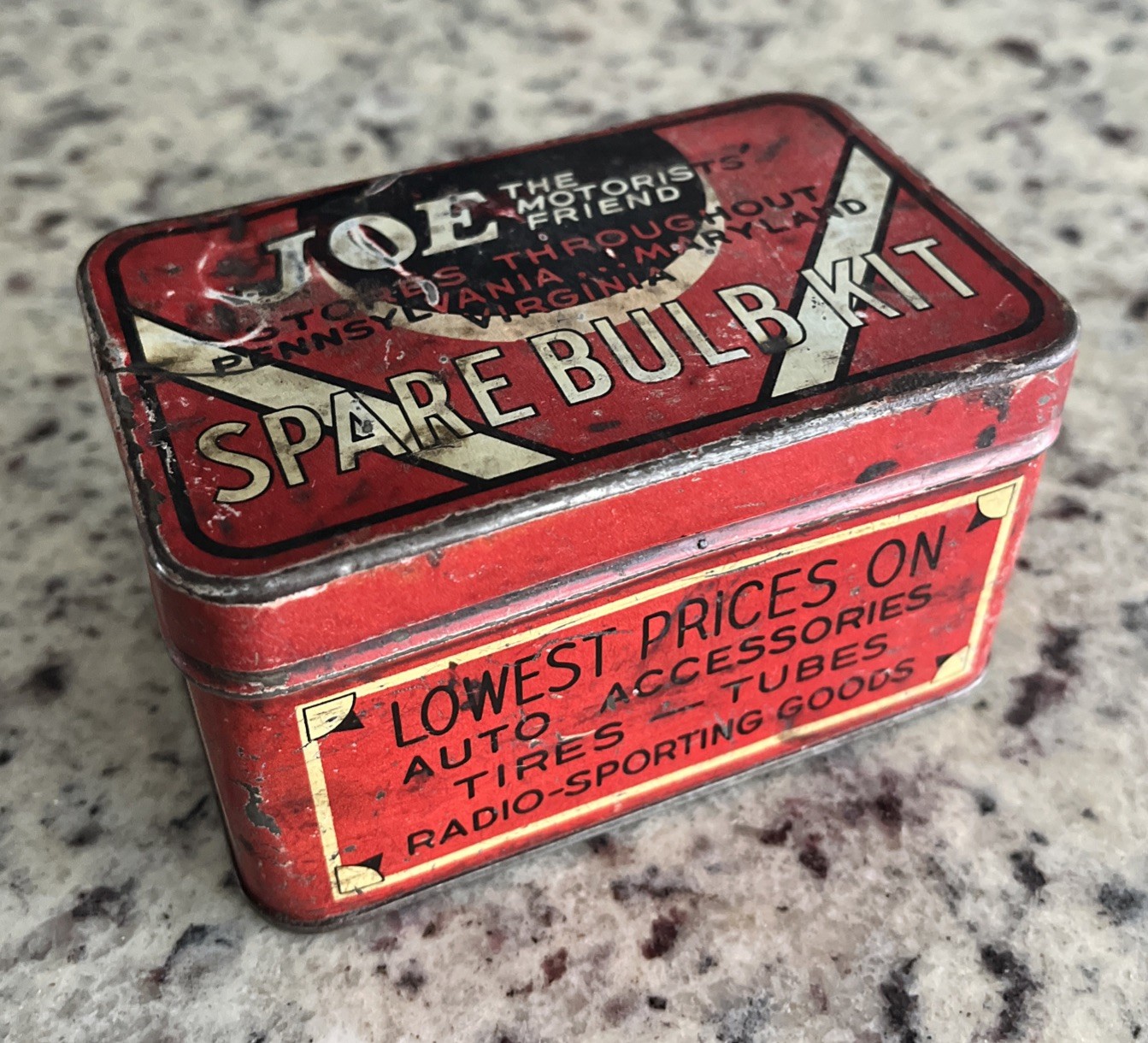 Vintage 1930s Tin JOE THE MOTORISTS' FRIEND Spare Bulb Kit Can Auto Car PA MD VA