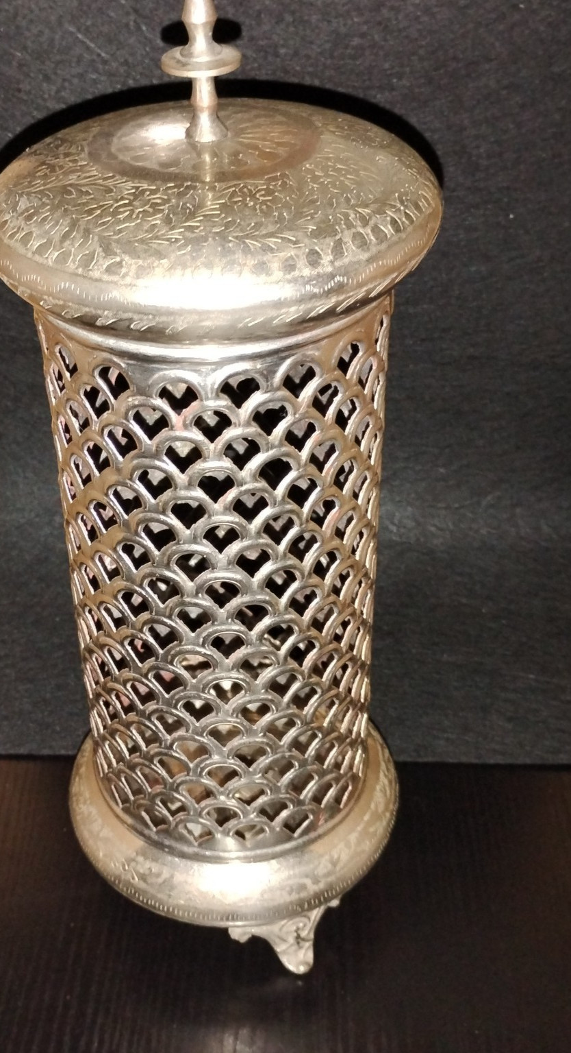 Vtg Brass Indian Candlestick Holder 12” Cylindrical Piller Lattice Design Footed