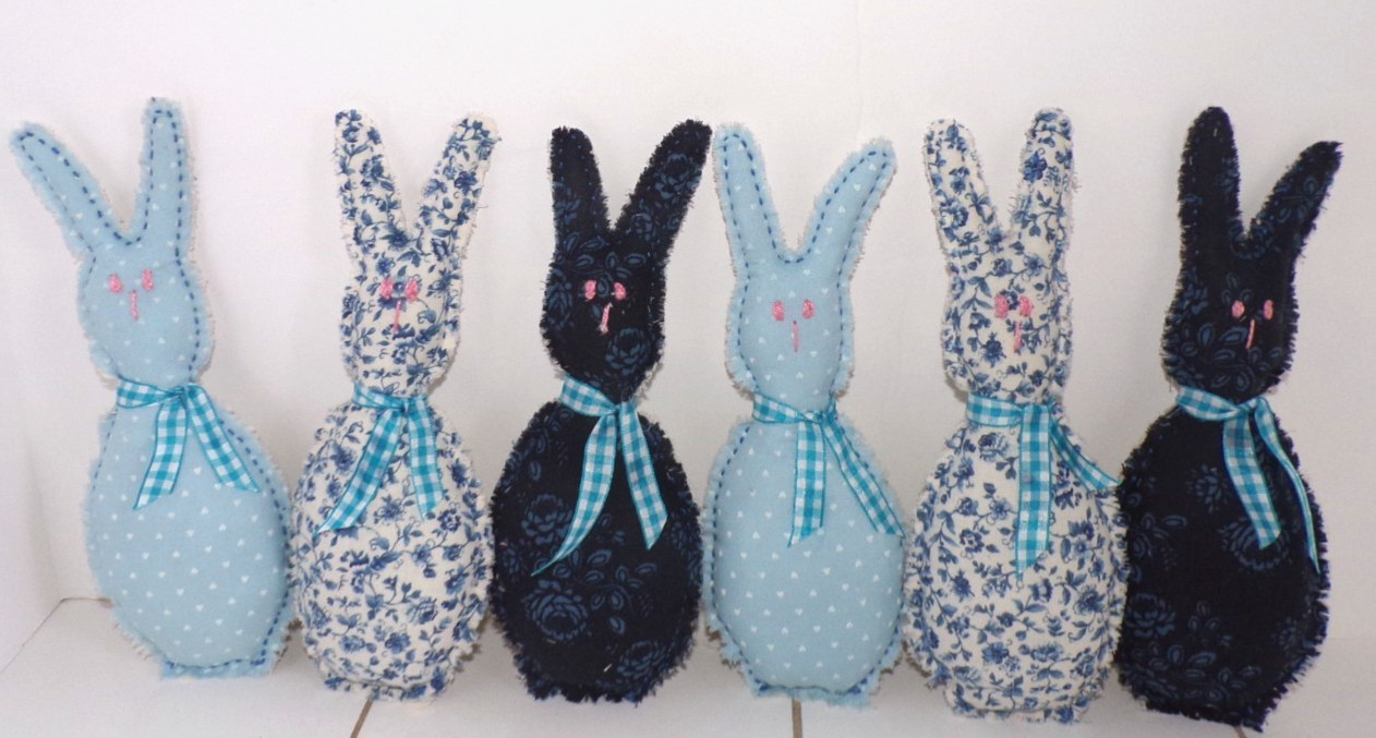Adorable Hand Crafted Fabric Easter Bunny Decoration, Blue Spring Easter Bunnies