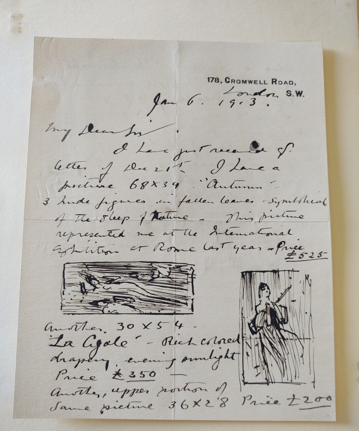 ALS , 2 Pg & 4 Drawing Artist Arthur Hacker RA 1913  English classical painter