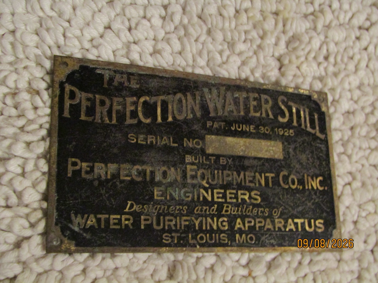 1925 Perfection Water Still Purifying Apparatus Brass Name Plate Plaque St Louis