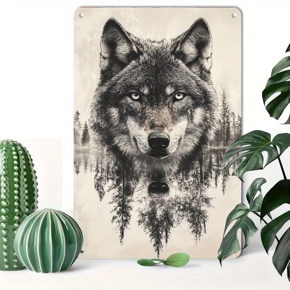 Aluminum Vintage Style Tin Metal Sign Wolf Head Pine Trees Design 12x8
