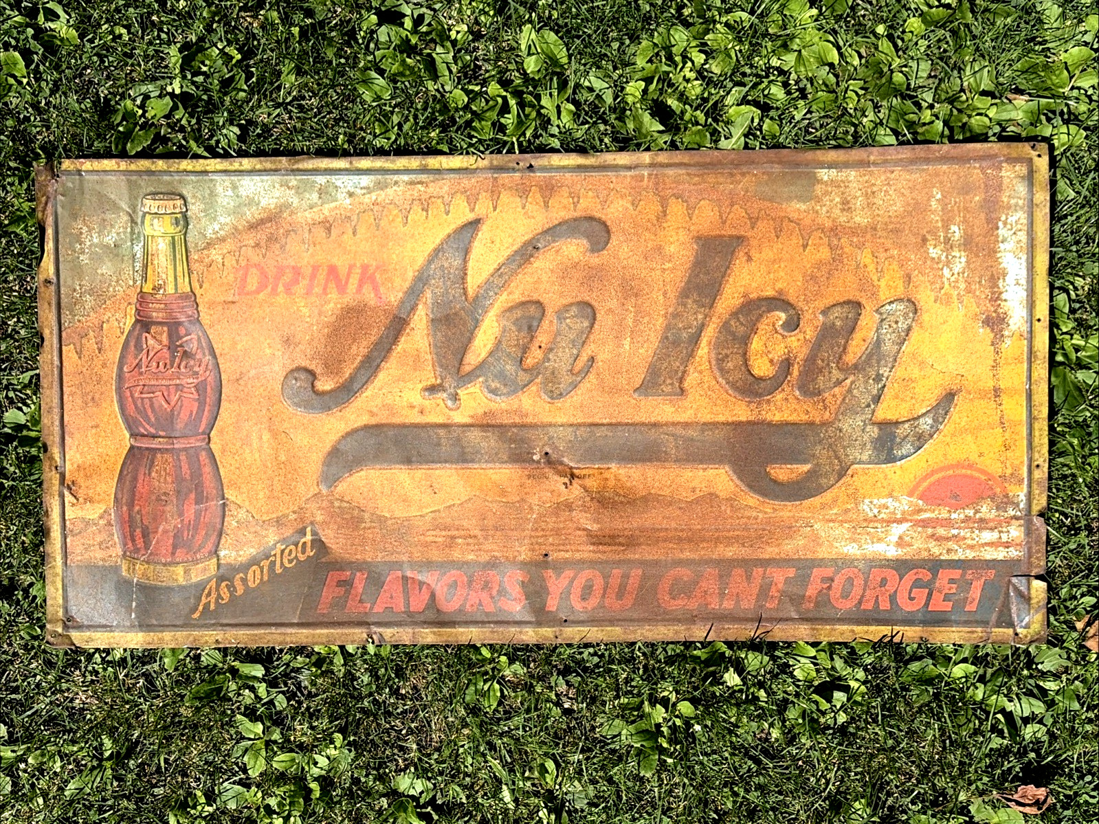 DRINK NU ICY ASSORTED FLAVORS YOU CAN'T FORGET Antique TIN ADVERTISING SIGN