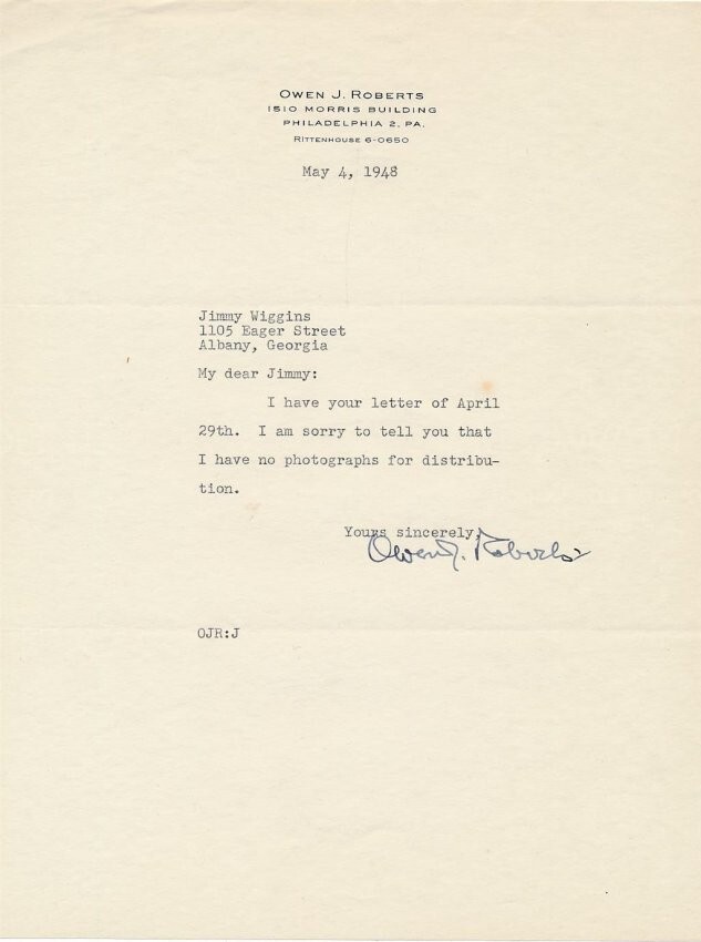 Owen J. Roberts (Supreme Court 1930-1945)- TLS from 1948 Signed