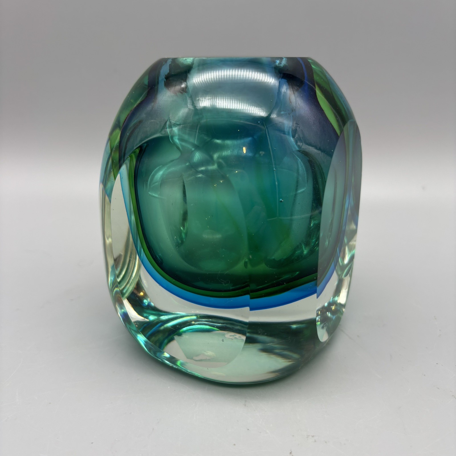 Murano Art Glass Sommerso Vase Geometric Mid Century Modern Italy Green Blue 
