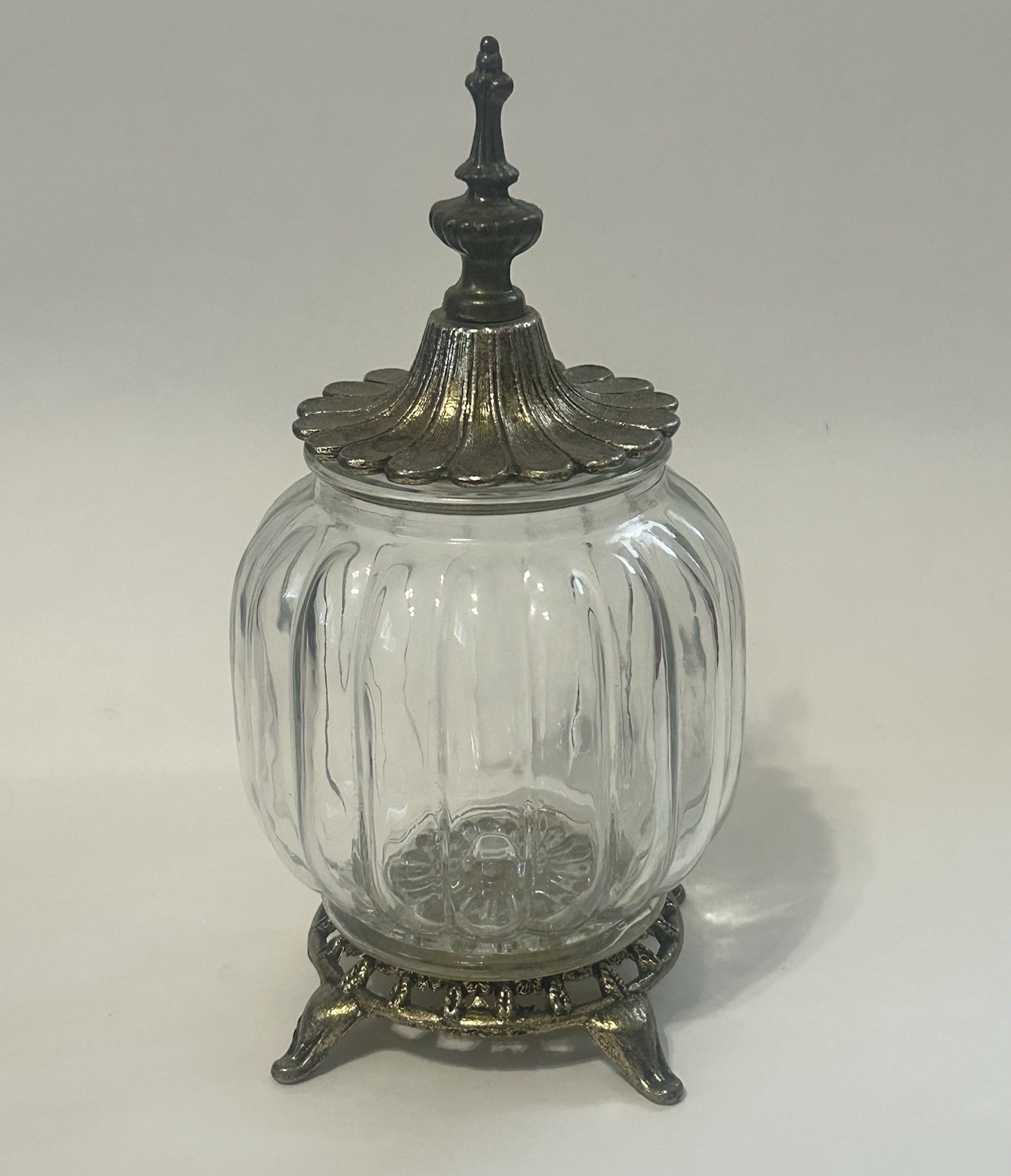 Vintage Glass & Metal Apothecary Dresser Jar with Ornate Lid and Base 9