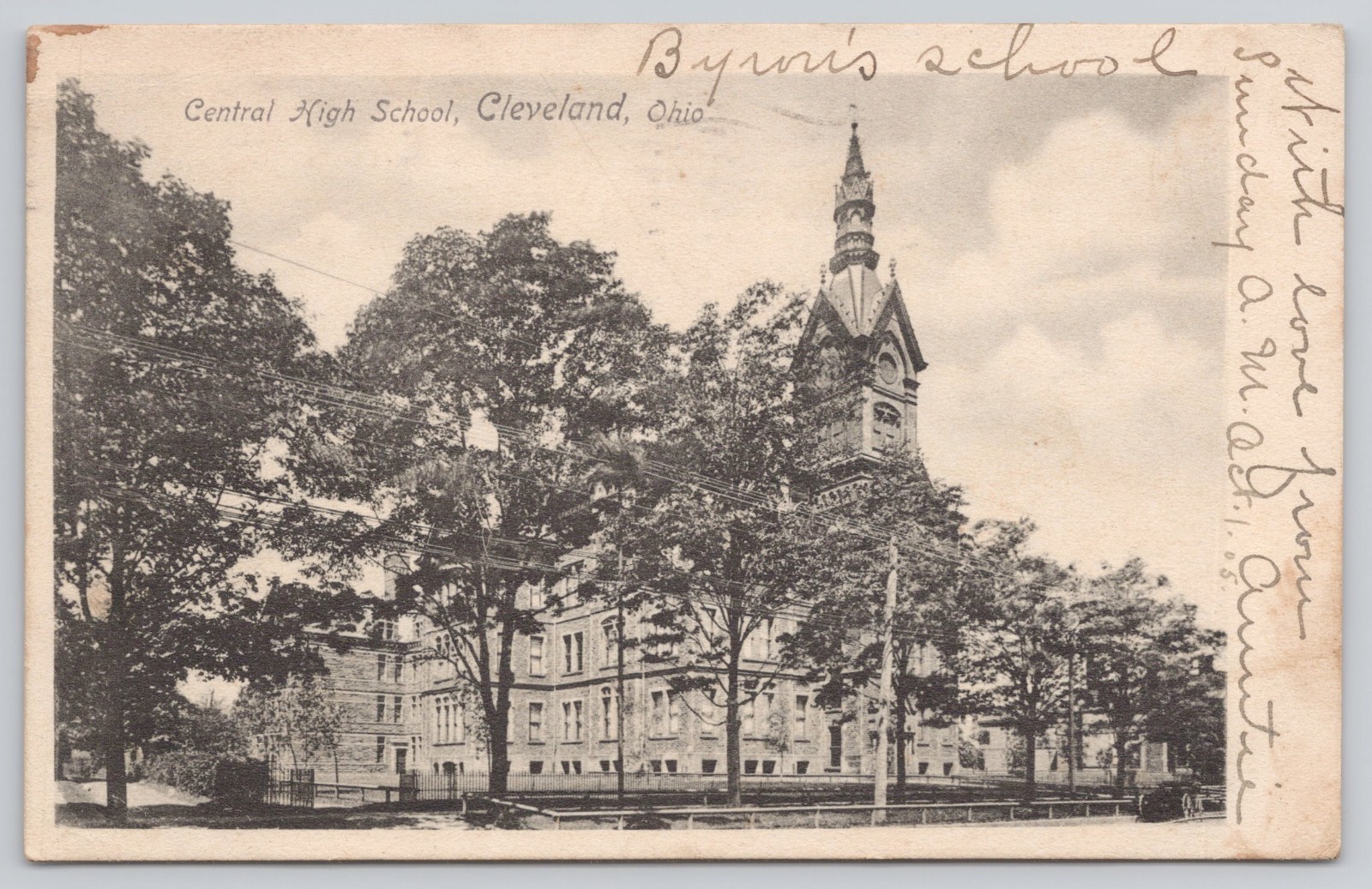 Postcard Central High School in Cleveland, Ohio Undivided Back Posted 1905
