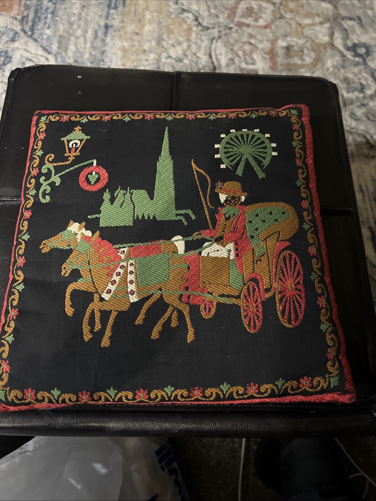 Vintage Austrian German Folk  Red White Tapestry Pillow Reversible 10”