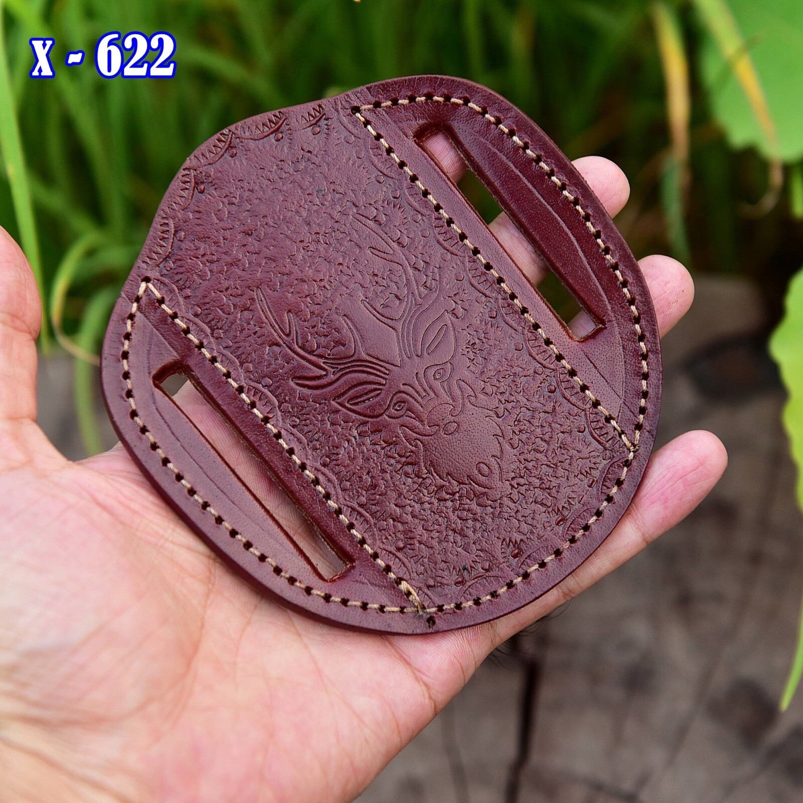 GENUINE LEATHER DEER ENGRAVED PANCAKE Folding Knife Outdoor Tool Sheath Holster