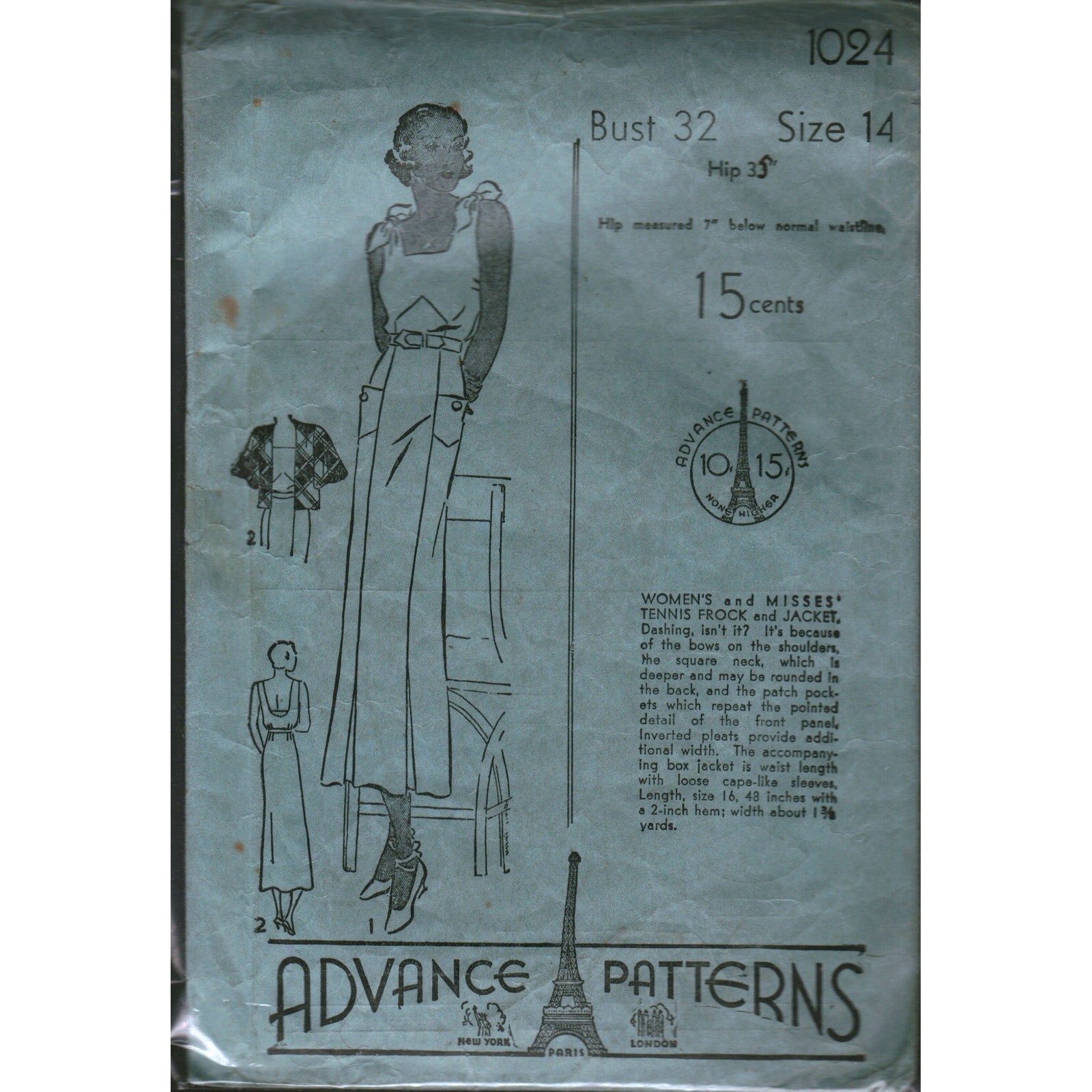 Vintage 1930s Advance 1024 Sewing Pattern Tennis Frock & Jacket Bust 32 Size 14